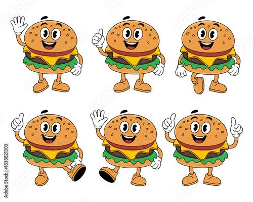 Six cheerful retro cartoon hamburger characters posing together, featuring funny mascots with happy faces, waving, walking, and giving thumbs up gestures, perfect vector illustration bundle for fast f