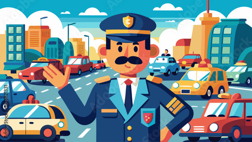 A man in a police uniform stands in the middle of a busy street with cars and taxis. He is waving to the people around him