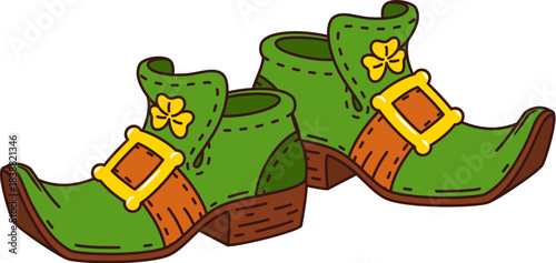 Cartoon St Patrick day groovy leprechaun boots, holiday retro footwear. Isolated vector pair of green pointed nosed Irish shoes with golden buckles and trefoils, embodying magical spirit of Ireland