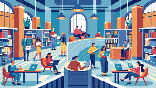 A group of people are sitting in a library, some with laptops open. Scene is one of productivity and collaboration