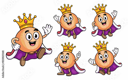 Funny cartoon onion king mascot character set posing dynamically in five separate cheerful royalty stances; isolated vector illustration featuring a regal vegetable with golden crown and purple cape f