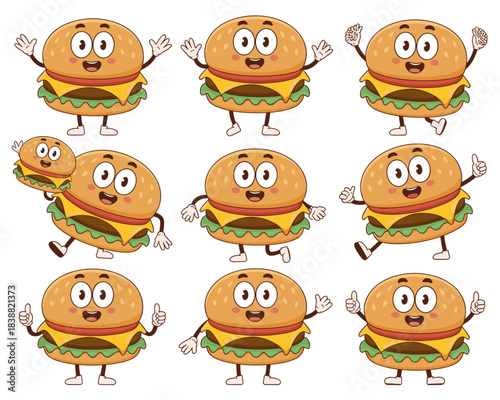 A collection of nine cute cartoon cheeseburger characters, happy and smiling fast food mascots posing with various joyful actions including waving, running, and giving thumbs up, a vibrant vector illu