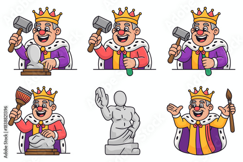 Joyful cartoon king monarch character set illustrating the sculpture and creation process, carving a stone statue with a mallet and chisel, representing artistic pursuit, creative leadership, craftsma