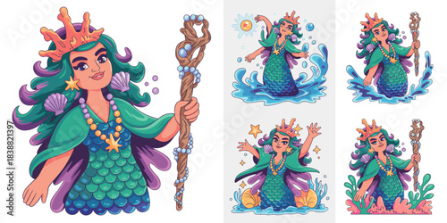 Mysterious mermaid queen ruler holding a magical pearl staff and wearing a coral crown, depicted in a colorful fantasy vector illustration sticker set with various poses and water splashes, ideal for