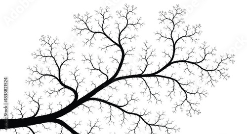 Black silhouette illustration of a complex, branching fractal tree structure, isolated against a stark white background for contrast.