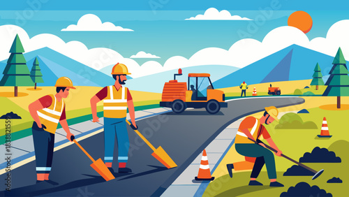 A group of construction workers are working on a road. The workers are wearing safety gear and are using tools such as shovels and pickaxes. There are also vehicles such as a truck