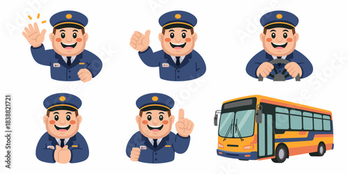 Cheerful bus driver illustration set showing a professional transit worker in a blue uniform waving, giving a thumbs up, driving a vehicle, and pointing, alongside a modern yellow city transport bus v