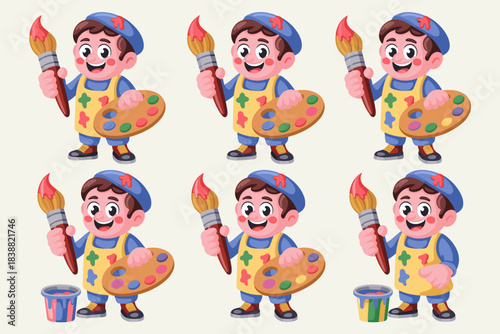 Smiling cartoon boy artist character seamless pattern vector, wearing an apron and beret while happily holding a paint brush and color palette, a fun tiled background for early childhood education, sc