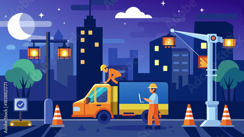 A man is working on a street with a yellow truck. The man is wearing a hard hat and is using a laptop. The scene is set at night, with a moon in the sky