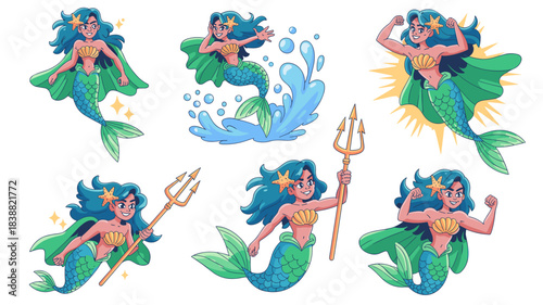 Dynamic collection of strong superhero mermaid character stickers and vector illustrations depicting a powerful muscular siren warrior holding a golden trident with a flowing green cape, flat cartoon
