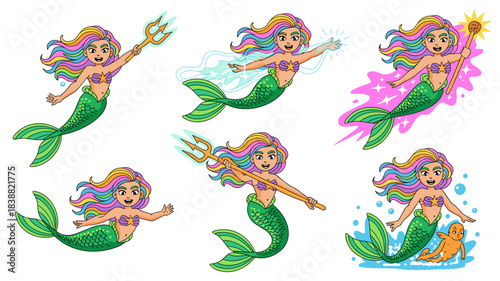 Adorable cartoon mermaid princess character illustration set with multicolor rainbow hair and green scaled tail, performing magical spells, holding a powerful trident weapon, floating underwater, vibr