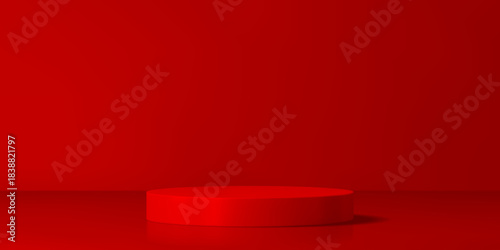 3d red podium stage for cosmetic product presentation. Realistic circular cylinder platform on red wall background. Round stage pedestal for award or ceremonial events, Chinese New Year celebration