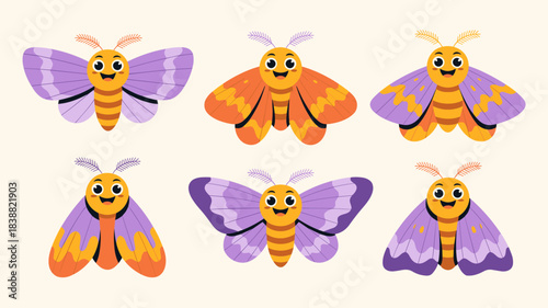 Vibrant collection of six cheerful cartoon smiling moths or flying insects with purple and orange wings, a cute flat vector illustration set for nature education, kids' books, whimsical graphic design
