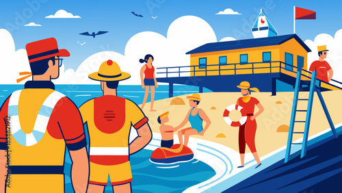 A group of people are enjoying a day at the beach, with a lifeguard watching over them