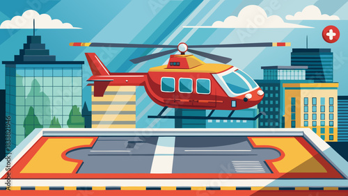 A red and yellow helicopter is flying over a city. The helicopter is on a landing pad, and there are buildings in the background. The scene is calm and peaceful
