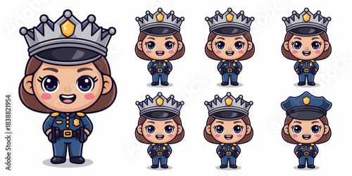 Cute chibi female police officer cartoon vector illustration wearing a silver crown and blue uniform, standing in a professional law enforcement role, perfect mascot character icon for security presen
