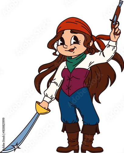 Woman corsair pirate cartoon cheerful character. Corsair boatswain cute character, pirate fighter cheerful isolated vector personage. Woman warrior happy mascot with cutlass sword and flintlock pistol