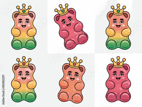 Adorable cartoon gummy bear princesses wearing sparkling golden crowns, smiling happily, a delightful collection of glossy candy sweets in vibrant rainbow gradient, orange, and rosy red colors, vector