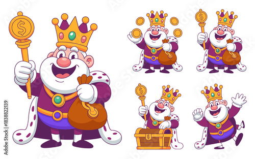 A cheerful cartoon king mascot character set collection, showing the wealthy monarch posing with a gold scepter, juggling coins, holding a money bag, and finding treasure in a chest; perfect vector il