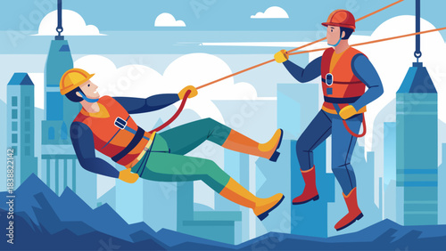 Two men are hanging from a rope, one of them is wearing a yellow vest. The scene is set in a city with a mountain in the background