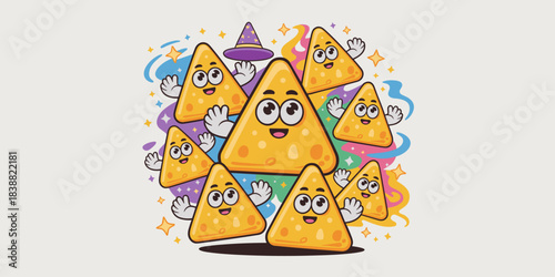 Cheerful cheesy cartoon tortilla chip characters group happily waving hands and celebrating with a large wizard hat accessory, rendered in a bright, colorful kawaii vector illustration, ideal for vibr