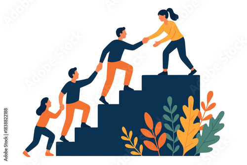 Group of people climbing steps and helping each other by holding hands showing teamwork support guidance and shared progress, flat vector illustration