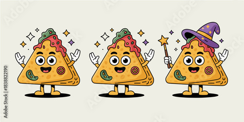 Playful cartoon tortilla chip food mascot characters celebrating a magical moment, featuring salsa and guacamole dips, with one wizard holding a star wand, crafted as a whimsical vector illustration p