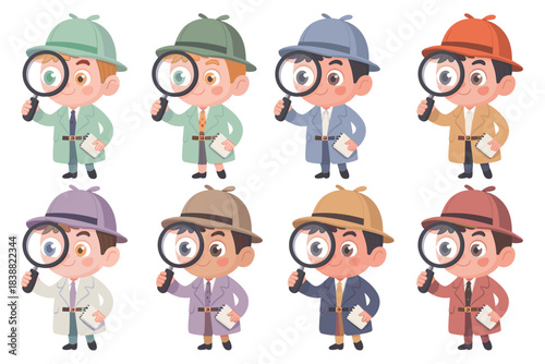 Diverse set of cute vector cartoon children and little boys, dressed as junior detectives and professional investigators in colorful trench coats, holding a magnifying glass, actively searching for cl
