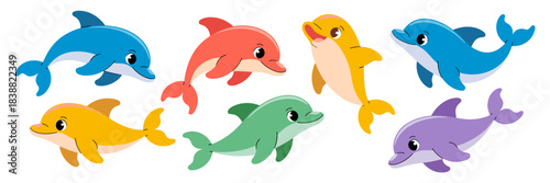Vibrant collection of seven cute cartoon dolphin characters; colorful blue, red, yellow, green, and purple friendly marine mammals swimming, jumping, and playing, an isolated vector illustration set p