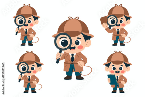 Adorable cartoon boy detective avatar set investigating and searching for clues using a magnifying glass and clipboard, representing curiosity, education, research, and problem-solving, a professional