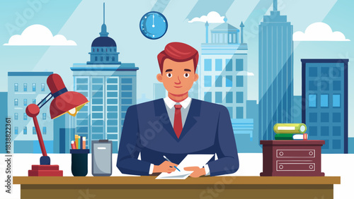 A man in a suit is sitting at a desk with a clock on the wall. He is writing on a piece of paper