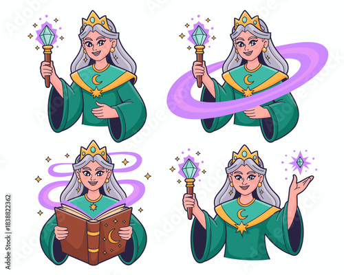 Adorable cartoon goddess and powerful fantasy sorceress character illustrations performing celestial magic, holding a crystal wand, studying an ancient occult spellbook, and conjuring mystical energy,