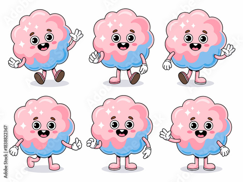 Six retro cotton candy mascot character poses for sweet promotions, featuring a pink and blue sugary cloud smiling happily, ideal for advertising, marketing, websites, social media, and playful vintag