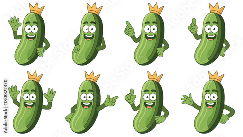 Cute cartoon king pickle cucumber mascot collection set of eight different smiling vegetable characters waving, pointing, and presenting friendly enthusiastic gestures for health, food advertising, br