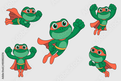 Cute cartoon superhero frog mascot character set dynamically leaping, flying, standing, and flexing muscles in multiple action poses; green amphibian wearing red mask, orange cape, and powerful costum