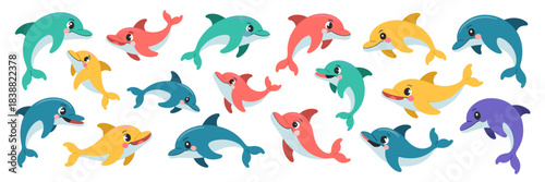 A large, vibrant collection of cute cartoon dolphins and baby dolfins, aquatic mammals swimming playfully, featuring smiling faces; graphic vector illustration set for children's education, merchandis