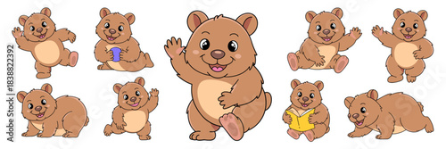 Adorable friendly brown bear cub character collection posing, waving, reading, playing, sitting, standing, and walking, perfect educational asset for childhood themes, kids learning, and playful marke