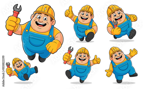 Collection of six happy and energetic vector cartoon character poses featuring a friendly tradesman or repairman mascot in blue overalls, yellow hard hat, and safety gloves, holding a wrench or giving