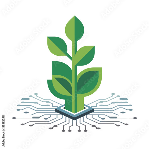 Green energy tech: plant sprout growing from computer processor