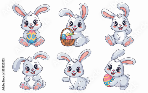 Adorable white cartoon Easter bunny rabbits sitting happily and playfully, holding brightly colored decorated eggs and a wicker basket, a cheerful vector graphic illustration for springtime celebratio
