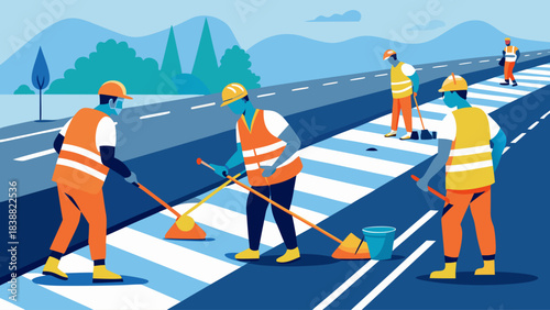 A group of construction workers are working on a road. The workers are wearing orange vests and hard hats