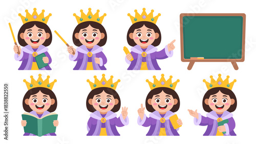Cheerful royal princess or queen teacher character vector set showing various instruction poses, holding pointers, books, and interacting with a school chalkboard, great for children's learning, educa