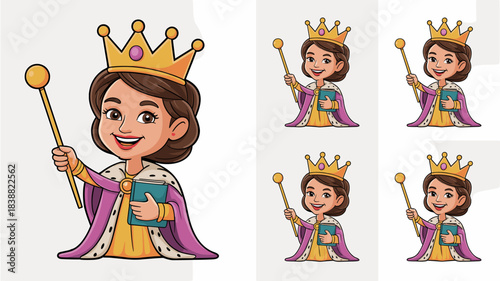 Cheerful Queen or regal Princess mascot character smiling, holding the golden scepter of power and a teal blue book of knowledge, wearing a magnificent purple and gold royal robe, useful vector illust