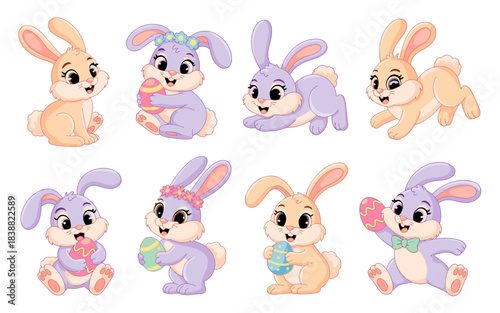 Adorable pastel cartoon vector illustration set of happy Easter bunnies and rabbits holding decorated colorful eggs, isolated graphic resource for spring celebration, children's books, website design,