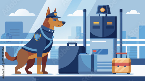 A police dog is standing in front of a luggage carousel. The dog is wearing a uniform and he is waiting for its owner. The luggage carousel is full of suitcases and bags
