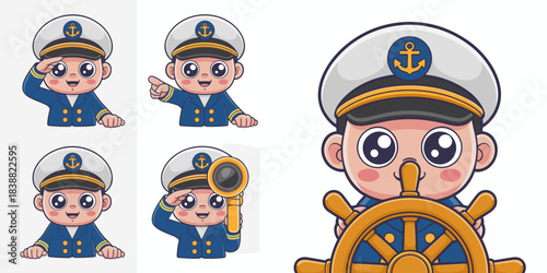 Adorable cartoon captain sailor boy mascot vector illustration pack displaying various cute chibi poses, including saluting, pointing directions, steering, and looking through a spyglass, perfect grap