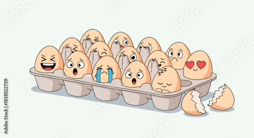 Humorous illustration of a carton of eggs, each with a different funny and expressive cartoon facial emotion, and one broken.