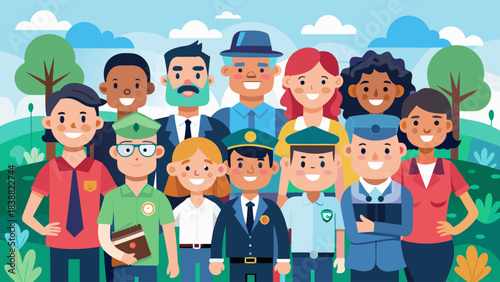 A group of people are smiling and posing for a picture. The people are dressed in various uniforms, including a police officer, a firefighter, and a teacher