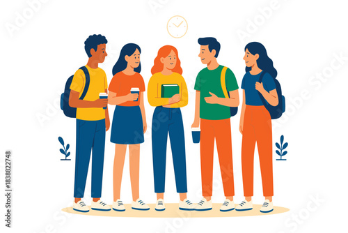 Group of young students standing together talking and smiling with backpacks and drinks, flat vector illustration