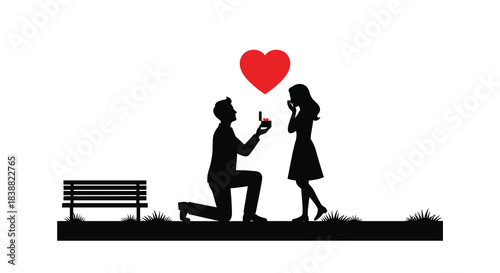 Romantic silhouette of a man on one knee proposing with a ring to a surprised woman in a park with a red heart above.
